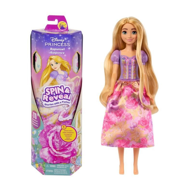 Mattel-Princesses Disney Spin & Reveal-Poupée Raiponce avec surprises HTV86