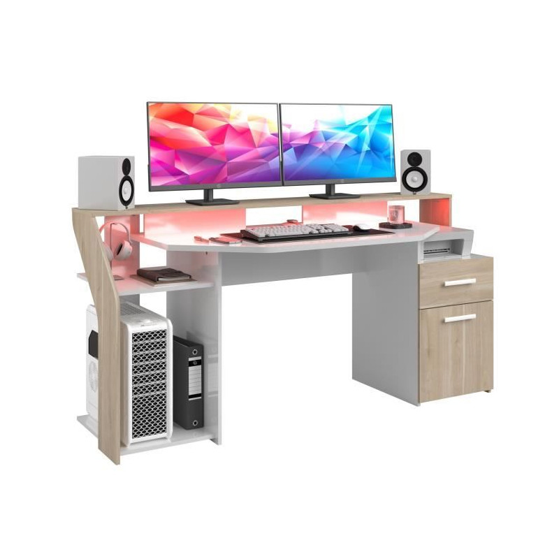 Bureau Silver avec LED - Décor chene et mélamine blanc brillant - L 178 x P 88 x H 68 cm - PARISOT