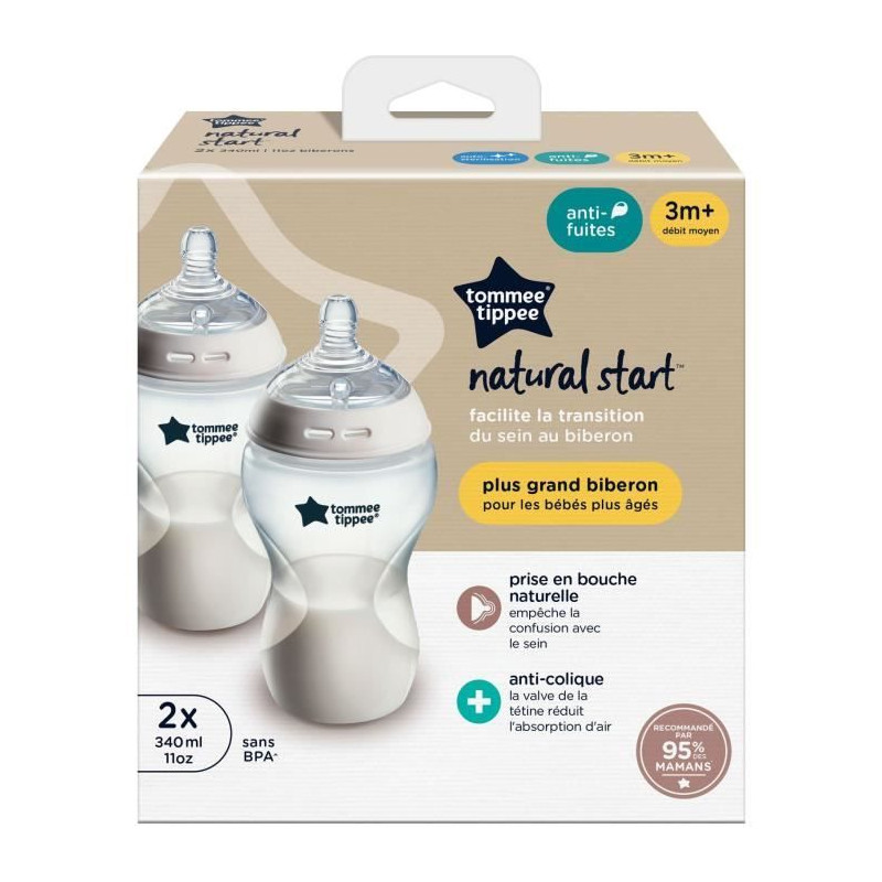 Biberons - TOMMEE TIPPEE - NATURAL START- 340 ml - Anti-colique - Tétine imitant la forme du sein - Lot de 2