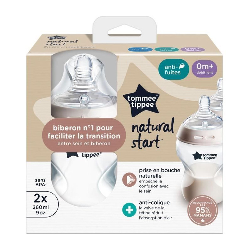 Biberons - TOMMEE TIPPEE - NATURAL START - 260 ml - Anti-colique - Tétine imitant la forme du sein - Lot de 2