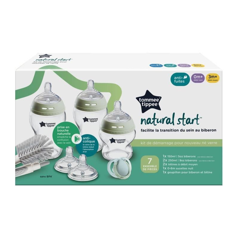 Coffret biberons - TOMMEE TIPPEE - NATURAL START - En verre - Biberons anti-colique 150 ml / 250 ml - Tétines a débit moyen