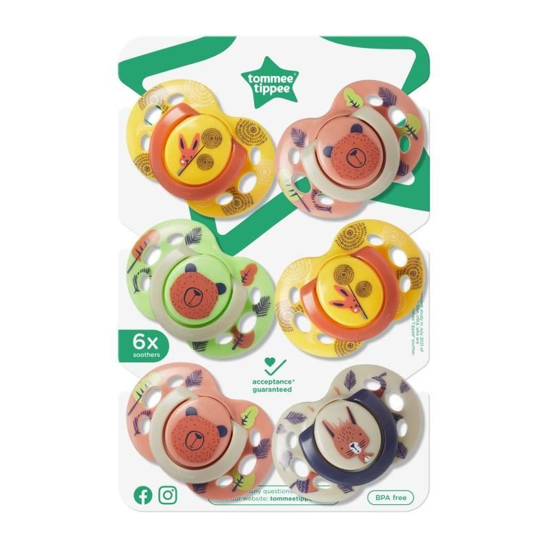 Sucettes - TOMMEE TIPPEE - FUN - 6-18 mois - Lot de 6 - Forme Orthodontique Symétrique - Silicone sans BPA