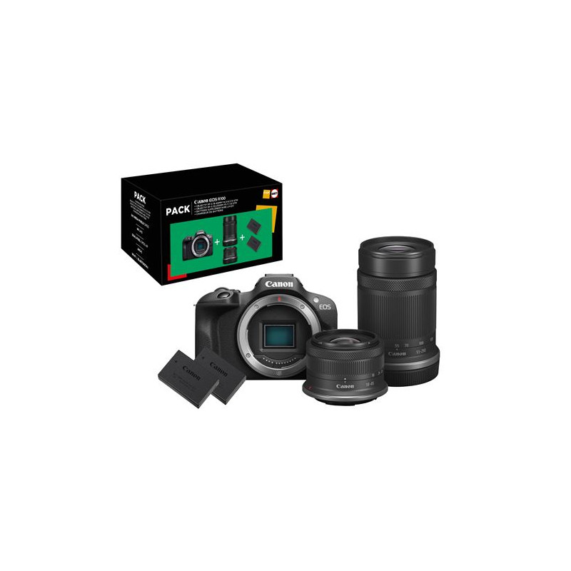 Pack Appareil photo hybride Canon EOS R100 Noir + Objectif RF S 18 45mm f 4.5 6.3 IS STM + Objectif RF S 55 210 mm f 5 7.1 IS S