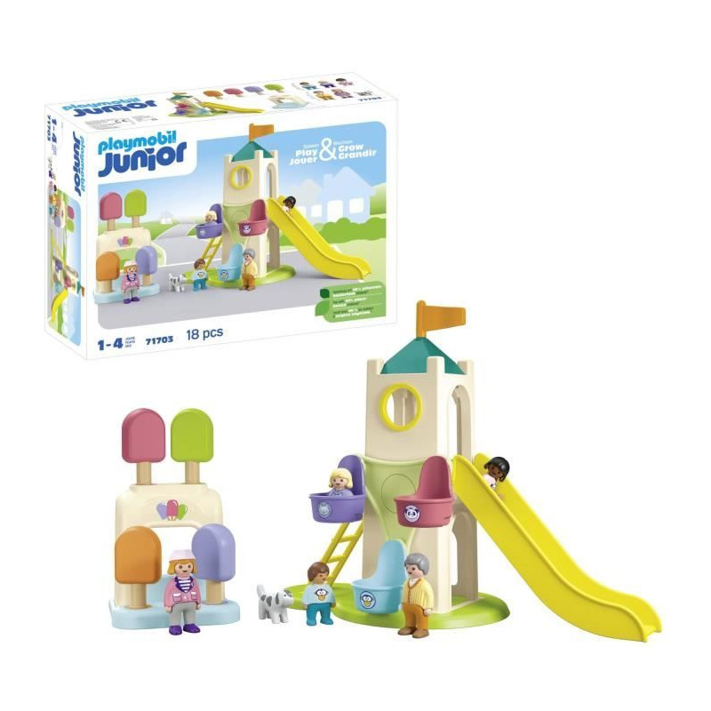 PLAYMOBIL Junior 71703 Aire de jeux avec toboggan géant Comprend cinq personnages, un toboggan et des accessoires - Des 1 an