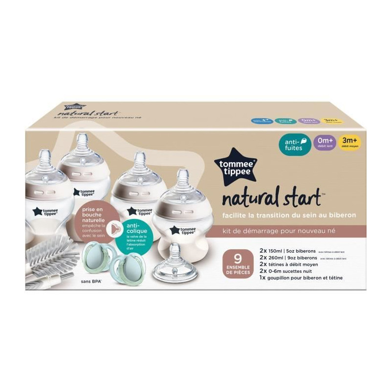 Coffret biberons - TOMMEE TIPPEE - NATURAL START - 4x biberons 150 ml / 260 ml - Anti-colique - 2x tétines - Nouveau-né