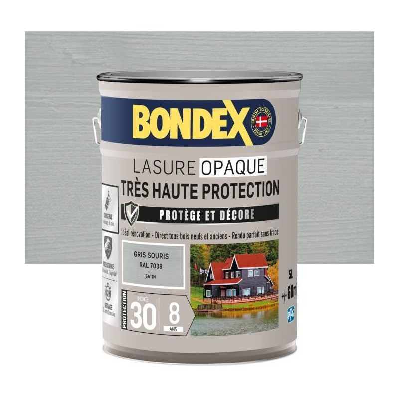 Lasure opaque Tres haute protection - Gris souris RAL 7038 satin - BONDEX - 5 L