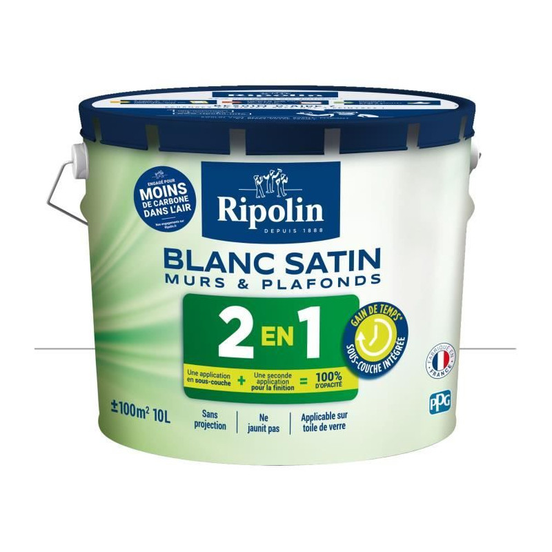 RIPOLIN Peinture blanche pour murs et plafonds avec sous-couche intégré - Blanc satin - 10 L