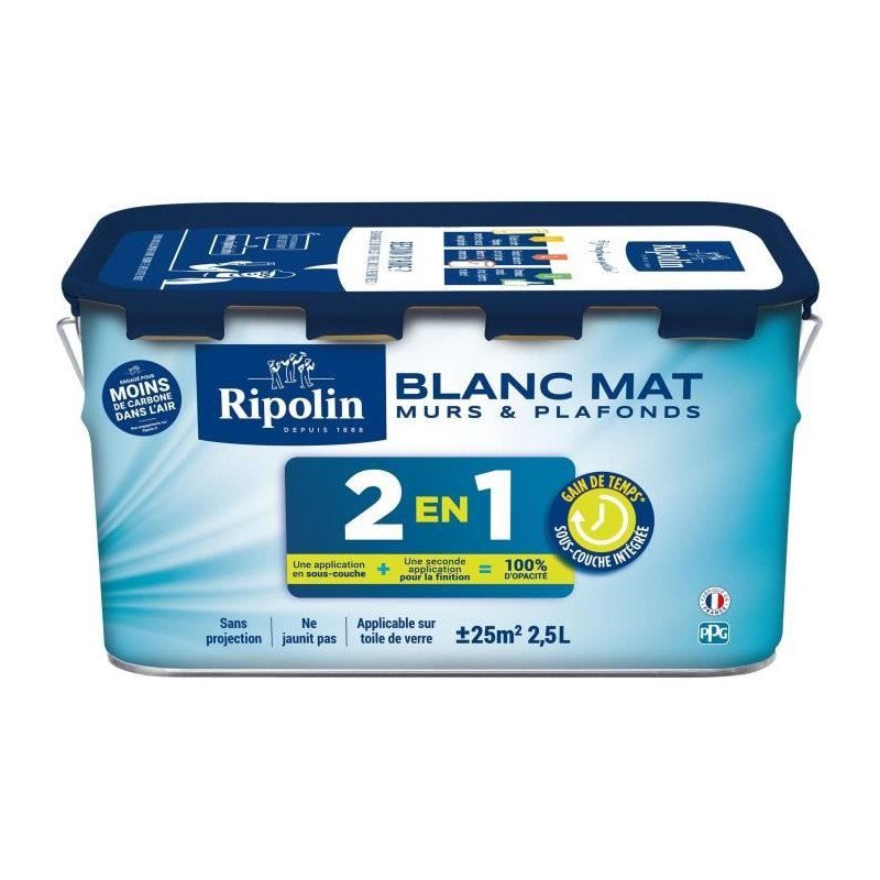 Peinture 2 en 1 murs et plafonds - Blanc mat - RIPOLIN - 2,5 L