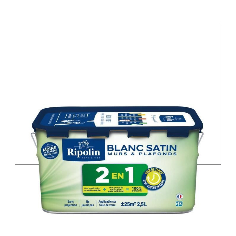 Peinture 2 en 1 murs et plafonds - Blanc satin - RIPOLIN - 2,5 L