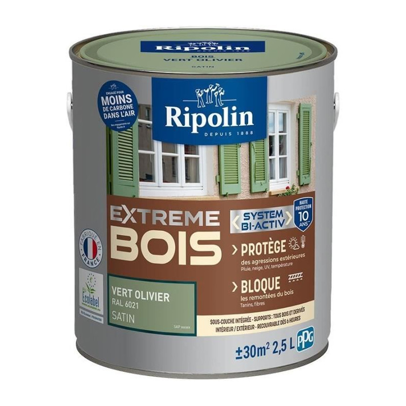 RIPOLIN Peinture pour bois intérieur et extérieur - Vert olivier Ral 6021 satin - 2,5 L