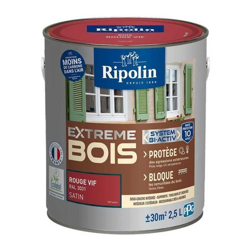 RIPOLIN PROTECTION EXTREME BOIS ROUGE VIF RAL 30 SATIN 2,5 L