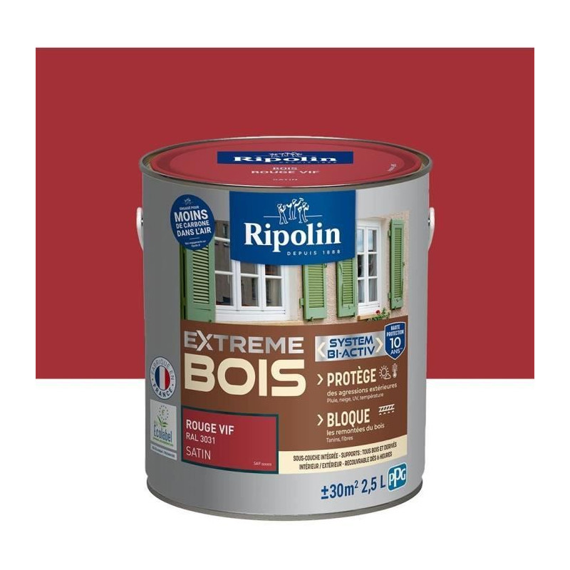 RIPOLIN PROTECTION EXTREME BOIS ROUGE VIF RAL 30 SATIN 2,5 L