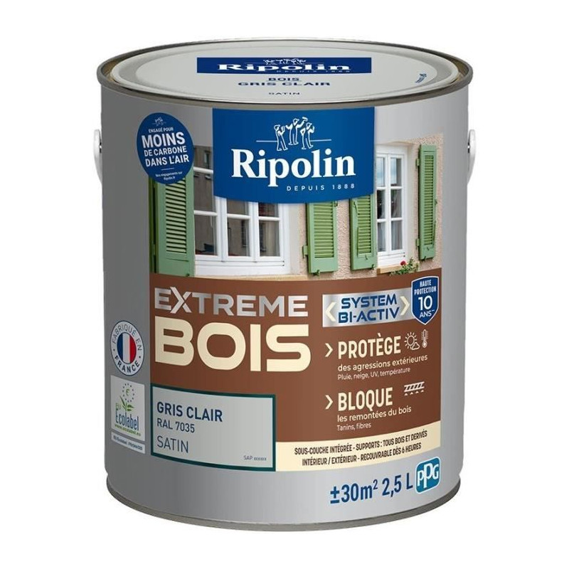 RIPOLIN Peinture pour bois intérieur et extérieur - Gris clair Ral 7035 satin - 2,5 L