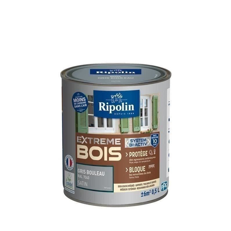 RIPOLIN Peinture Bois Satin Haute Protection 10 ans qui Protege et Magnifie vos Bois - Gris bouleau