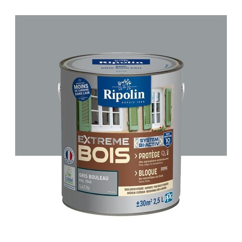 Peinture pour Bois Intérieur & Extérieur - Satin - 2,5L - Gris Bouleau Ral 7040 - Ripolin