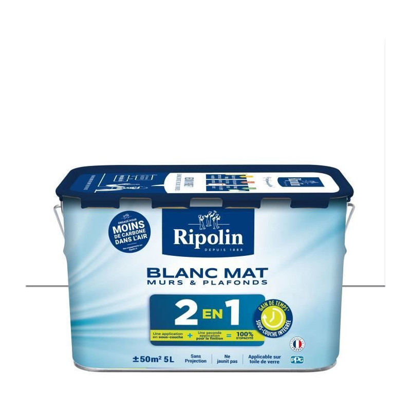 Peinture 2 en 1 murs et plafonds - Blanc mat - RIPOLIN - 5 L