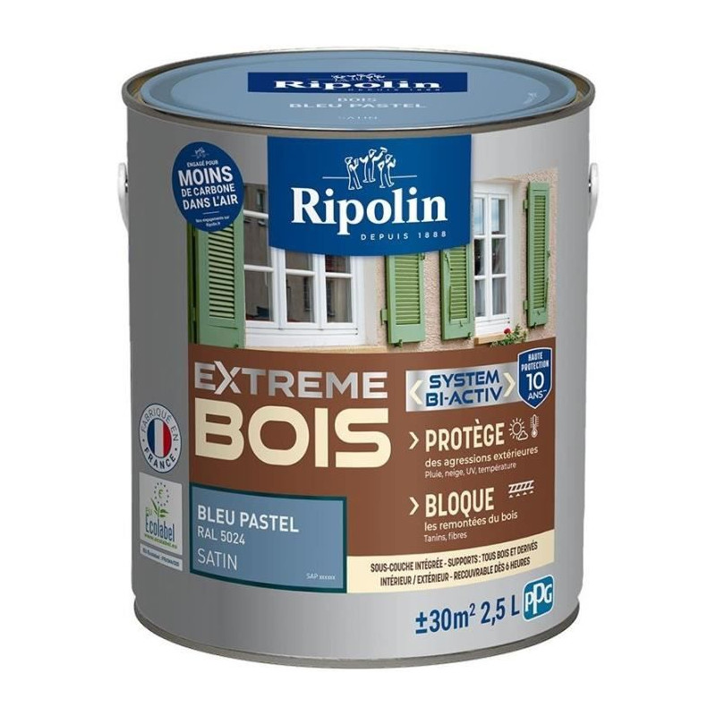 Peinture Extreme bois - Bleu pastel RAL 5024 satin - RIPOLIN - 2,5 L