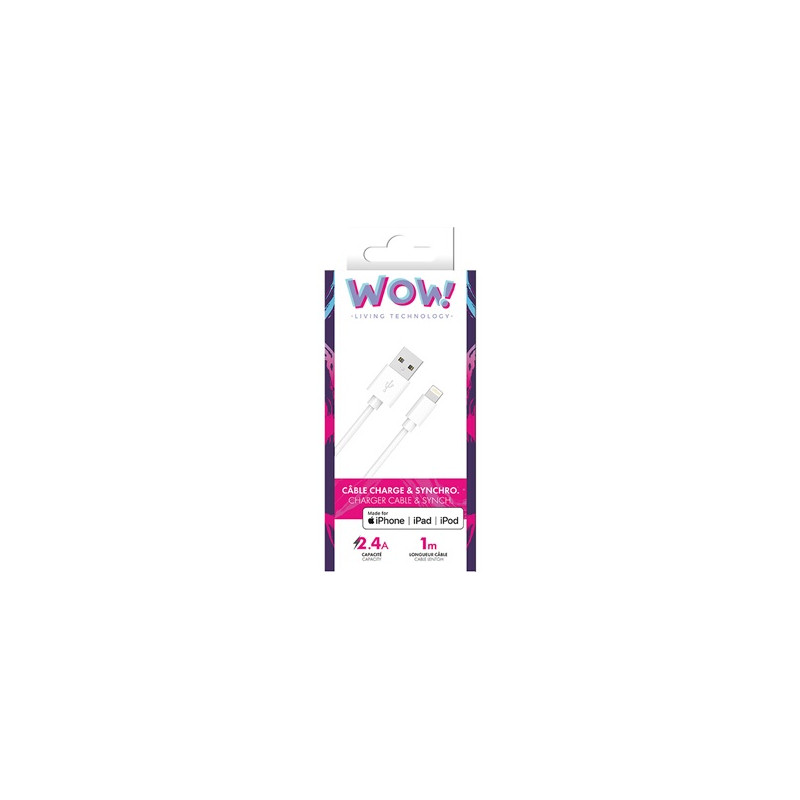 Chargeur pour téléphone mobile Wow Cable USB A Lightning MFI 2,4A 1M blanc