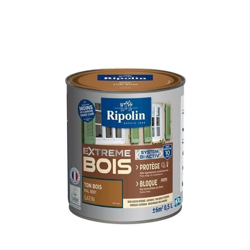 RIPOLIN Peinture Bois Satin Haute Protection 10 ans qui Protege et Magnifie vos Bois - Ton bois