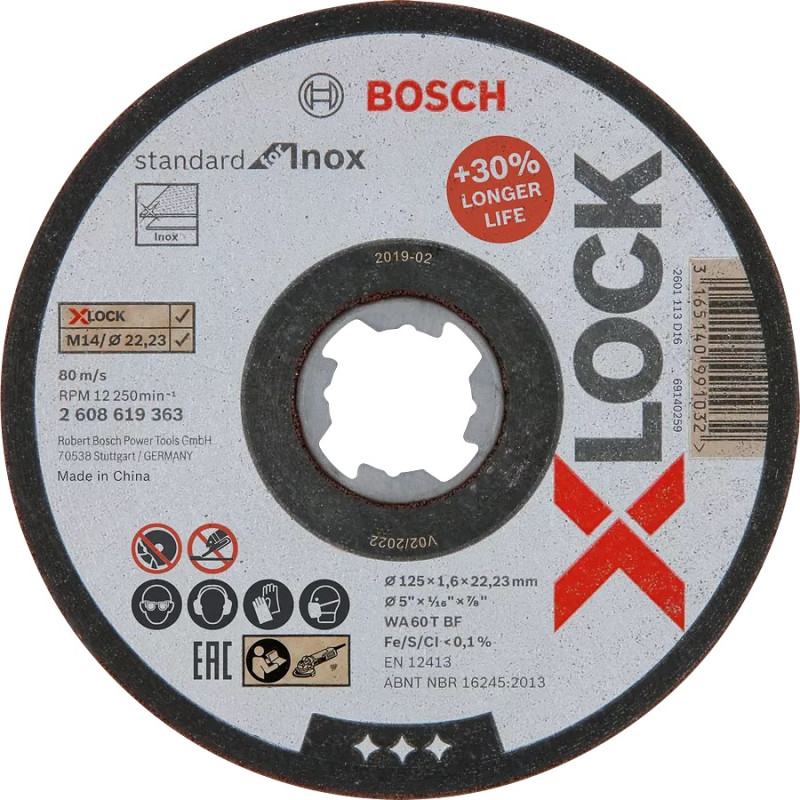 Disque à tronçonner X LOCK standard pour inox 125x1,6mm plat BOSCH 2608619363