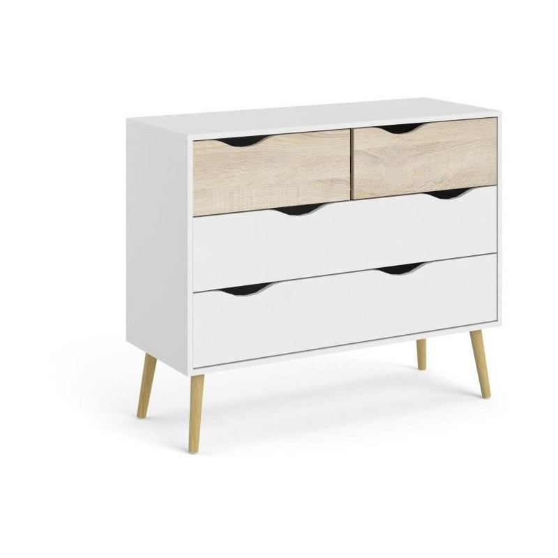 Commode 4 tiroirs - Blanc / Chene - Pietement évasé en bois massif - 98,7 x 39,1 x 81,7 cm - TVILUM