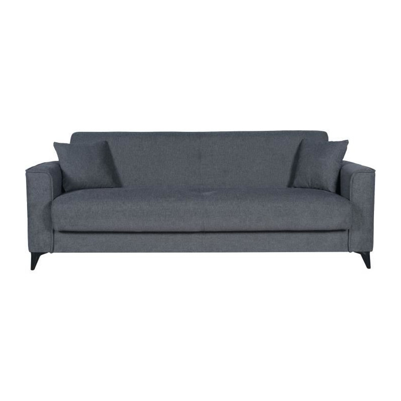 Canapé convertible 3 places - BERGAMO - Tissu gris foncé - 2 coussins - coffre de rangement - 230 x 85 x 89 cm