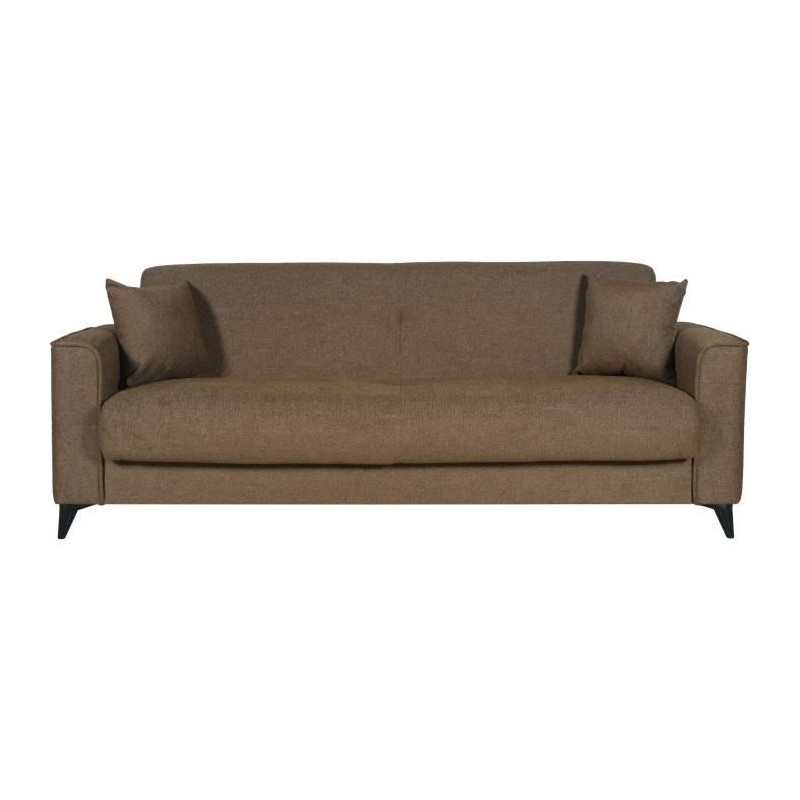 Canapé convertible 3 places - BERGAMO - Tissu marron - 2 coussins - coffre de rangement - 230 x 85 x 89 cm