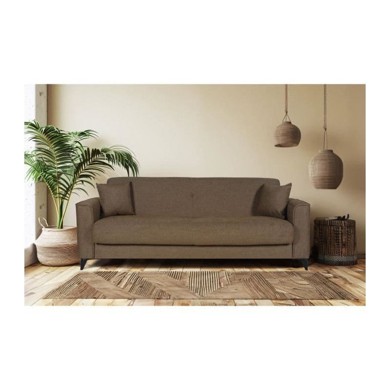 Canapé convertible 3 places - BERGAMO - Tissu marron - 2 coussins - coffre de rangement - 230 x 85 x 89 cm