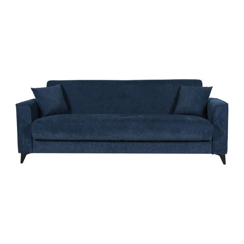 Canapé convertible 3 places - BERGAMO - Tissu bleu foncé - 2 coussins - coffre de rangement - 230 x 85 x 89 cm