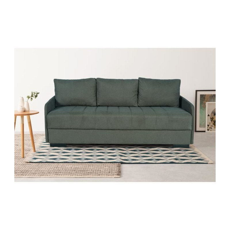 Canapé convertible 3 places - BETTA - Tissu vert foncé - Couchage 145 x 190 cm - Coffre de rangement - 200 x 95 x 91 cm