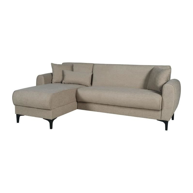 Canapé d'angle convertible réversible - 3 / 4 personnes - BILBAO - Coffre - 3 coussins - Tissu beige - 229 x 81 / 154 x 84 cm