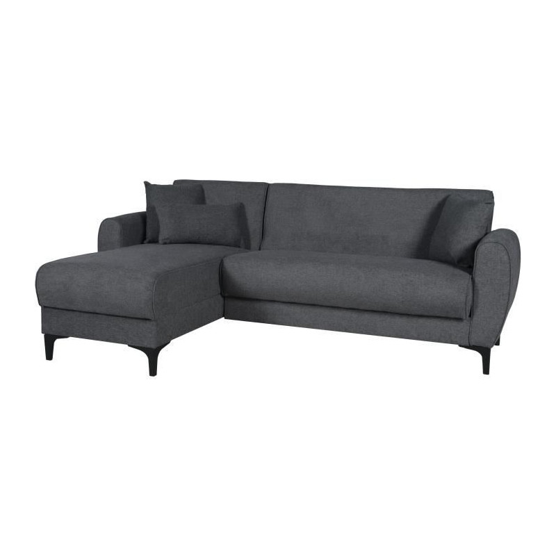 Canapé d'angle convertible réversible - 3 / 4 personnes - BILBAO - Coffre - 3 coussins - Tissu Gris foncé - 229 x 81 / 154 x