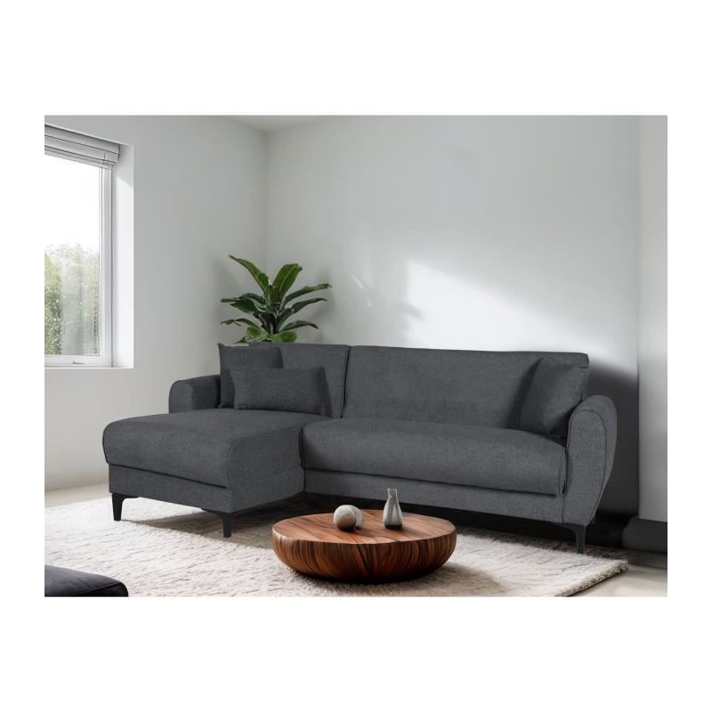 Canapé d'angle convertible réversible - 3 / 4 personnes - BILBAO - Coffre - 3 coussins - Tissu Gris foncé - 229 x 81 / 154 x