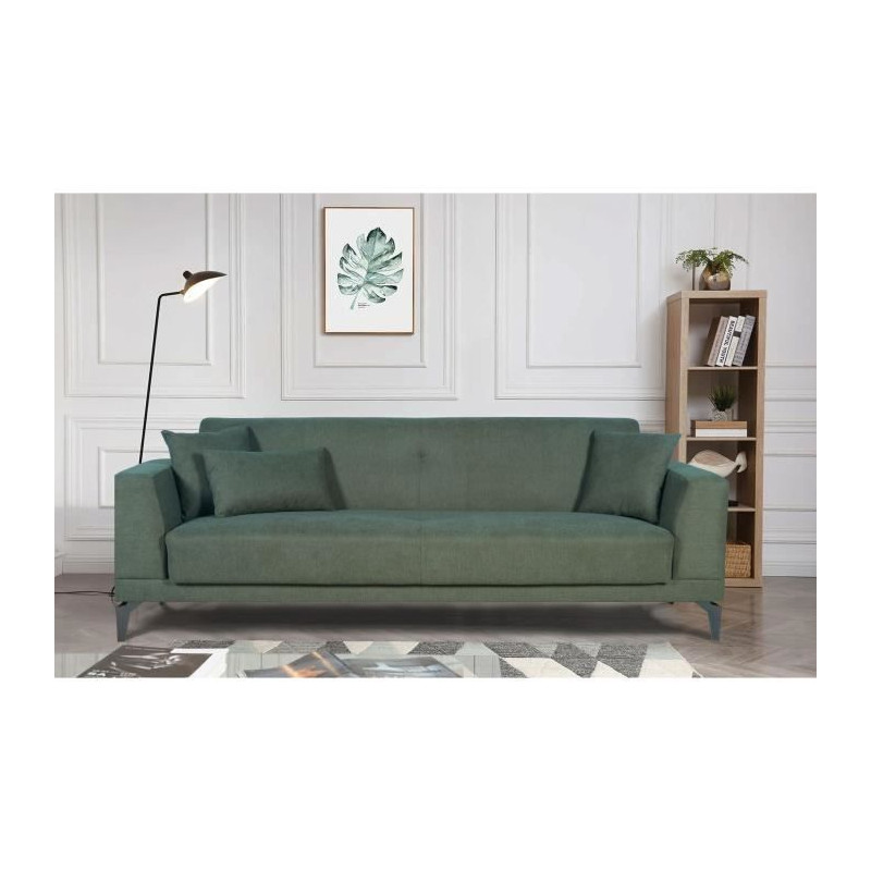 Canapé convertible 3 places - HENRY - Tissu vert foncé - 3 coussins - coffre de rangement - 234 x 85 x 84 cm