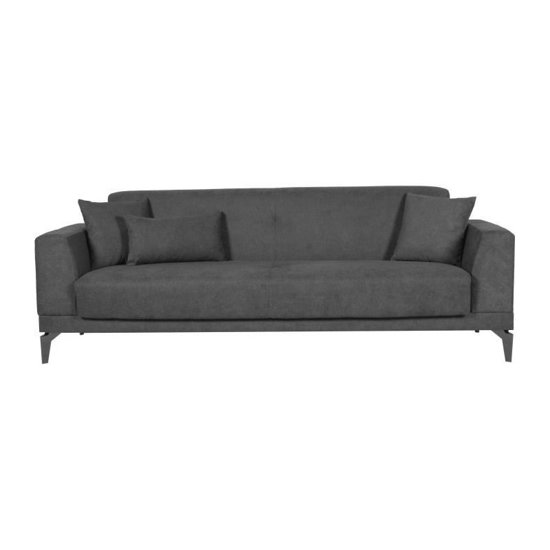 Canapé convertible 3 places - HENRY - Tissu gris clair - 3 coussins - coffre de rangement - 234 x 85 x 84 cm