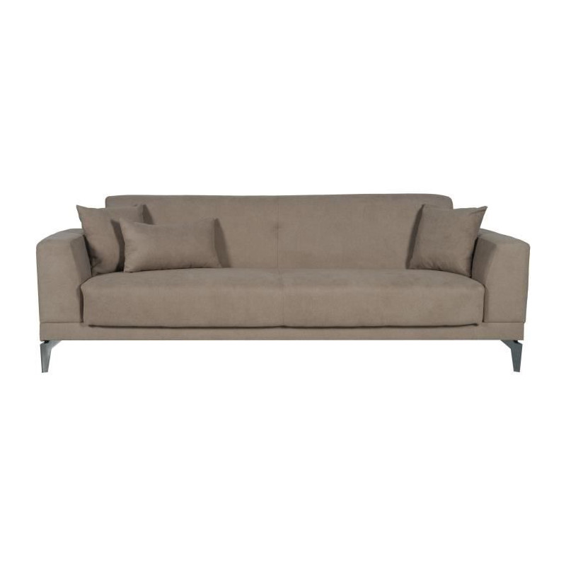 Canapé convertible 3 places - HENRY - Tissu marron - 3 coussins - coffre de rangement - 234 x 85 x 84 cm