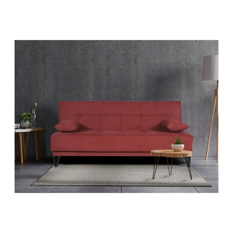 Banquette convertible 3 places - LIMRA - Tissu rouge - 2 coussins - Coffre de rangement - 190 x 87 x 87 cm