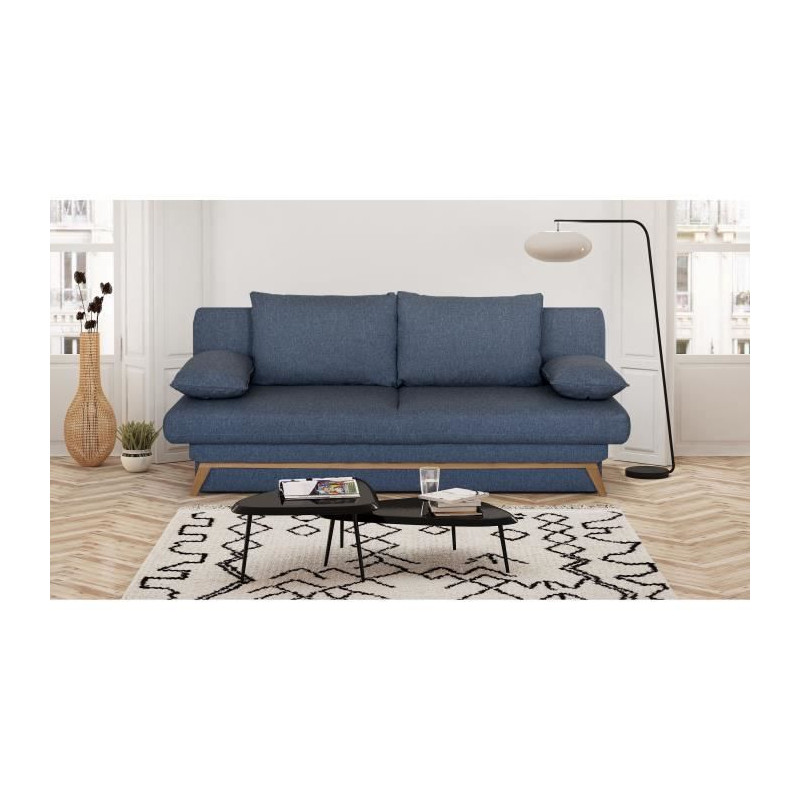 Banquette convertible - 3 places - NAOTO - Tissu bleu foncé - Coffre de rangement - 202 x 98 x 98 cm