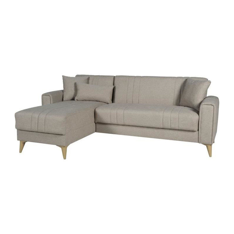 Canapé d'angle convertible réversible - 3 / 4 personnes - OMEGA - Tissu beige - Coffre - 3 coussins - 225 x 81/151 x 84 cm