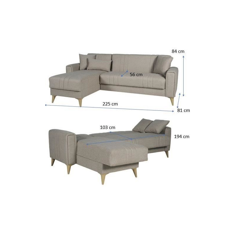 Canapé d'angle convertible réversible - 3 / 4 personnes - OMEGA - Tissu beige - Coffre - 3 coussins - 225 x 81/151 x 84 cm