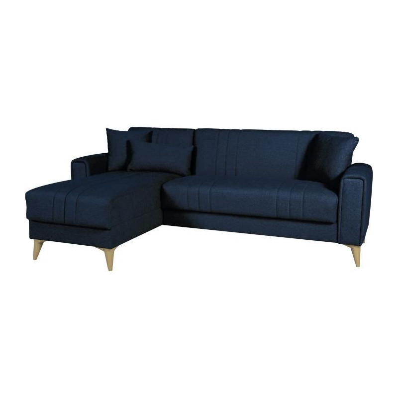 Canapé d'angle convertible réversible - 3 / 4 personnes - OMEGA - Tissu bleu foncé - Coffre - 3 coussins - 225 x 81/151 x 84