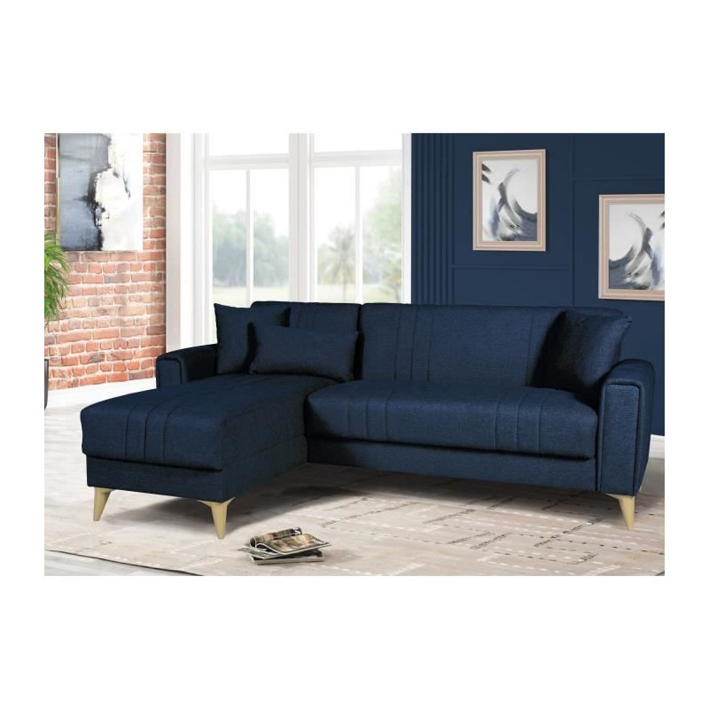 Canapé d'angle convertible réversible - 3 / 4 personnes - OMEGA - Tissu bleu foncé - Coffre - 3 coussins - 225 x 81/151 x 84