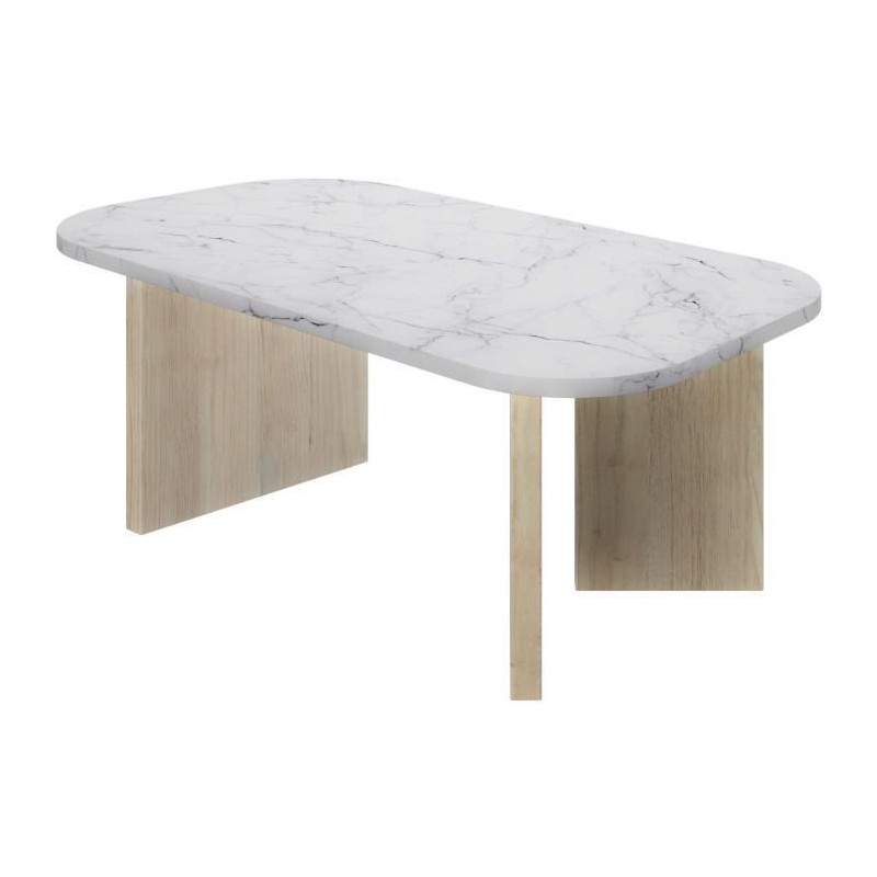 Table basse ovale - QUARTZ - Blanc effet marbre - Pieds épais en chene - 105 x 58 x 39 cm - DIAGONE