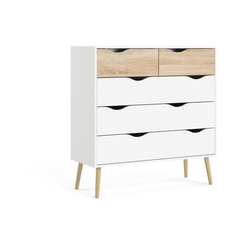 Commode 5 tiroirs - Blanc / Chene - Pietement évasé en bois massif - 98,7 x 39,1 x 100,9 cm - TVILUM