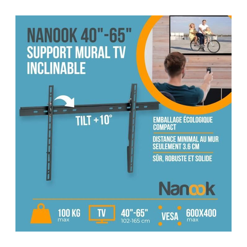 NANOOK Support Mural inclinable pour téléviseurs de 40-65 Pouces- Solution de Montage pour des télés LCD et (O)LED - Noir