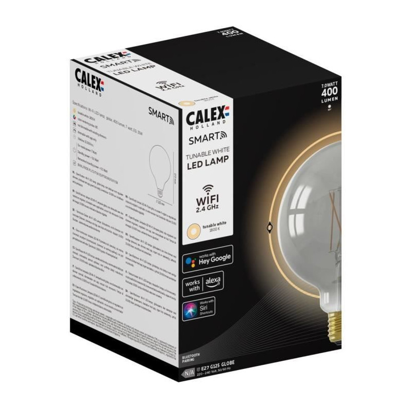 Ampoule LED E27 - CALEX - G125 SMART GLOBE - Filament droit - 7 W - 400 lm - 1800 K - Intensité variable - Smokey