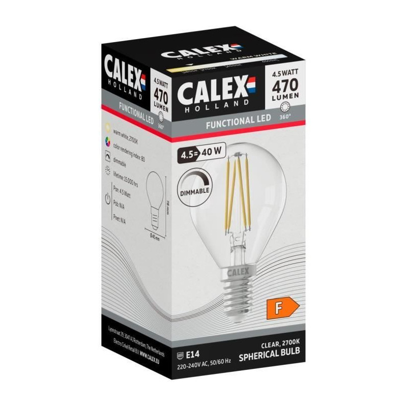 Ampoule LED E14 - CALEX - BALL P45 - Filament droit - 4,5 W - 470 lm - 2700 K - Intensité variable - Transparente