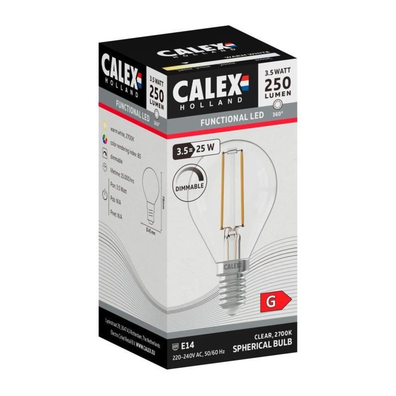 Ampoule LED E14 - CALEX - BALL P45 - Filament droit - 3,5 W - 250 lm - 2700 K - Intensité variable - Transparente