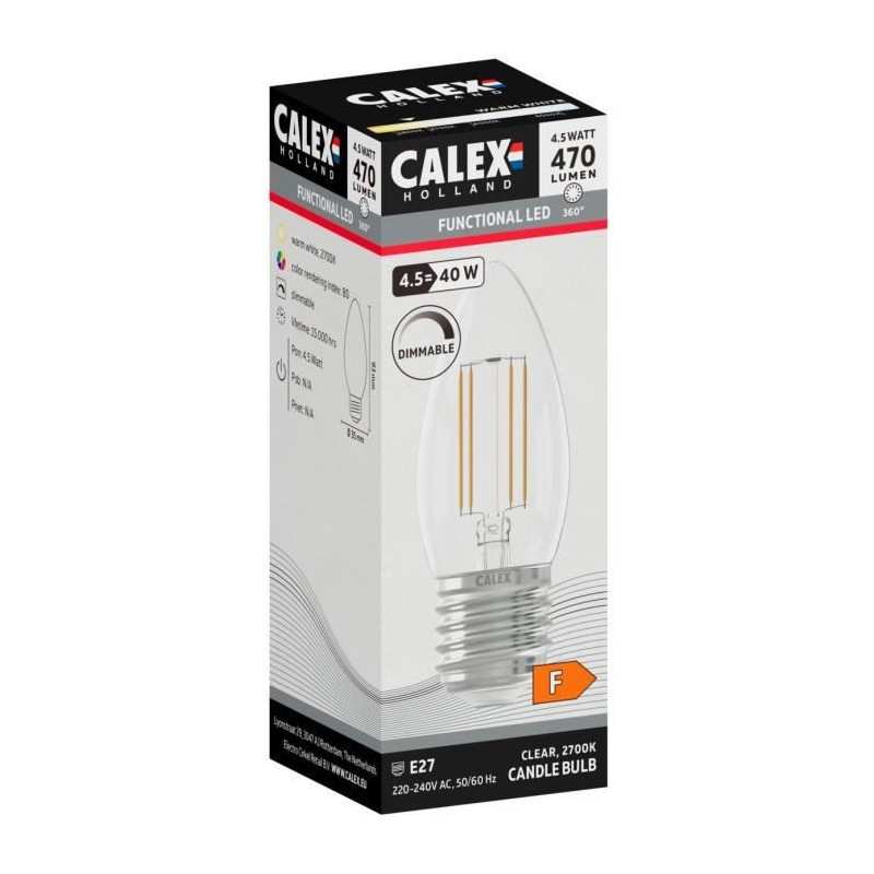 Ampoule LED E27 - CALEX - CANDLE B35 - Filament droit - 4,5 W - 470 lm - 2700 K - Intensité variable - Transparent