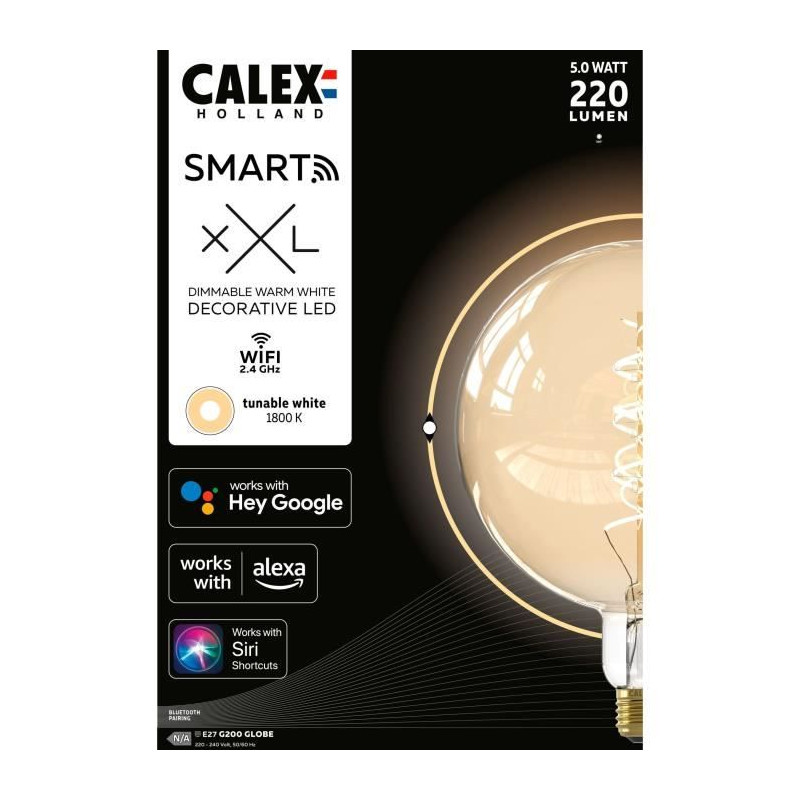 Ampoule LED E27 - CALEX - G200 SMART GLOBE - Simple filament spirale - 5 W - 220 lm - 1800 K - Intensité variable - Or